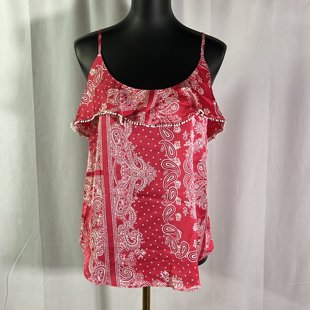 NWT Ann Taylor Pink & White Paisley Print Silky Ruffled Pom Pom Trim Camisole